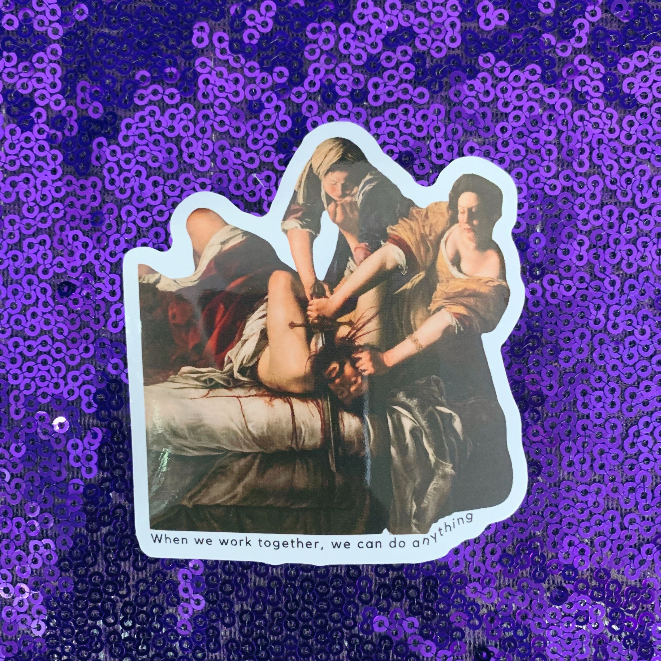 A vibrant sticker depicting Judith beheading Holofernes, inspired by Artemisia Gentileschi's artwork.