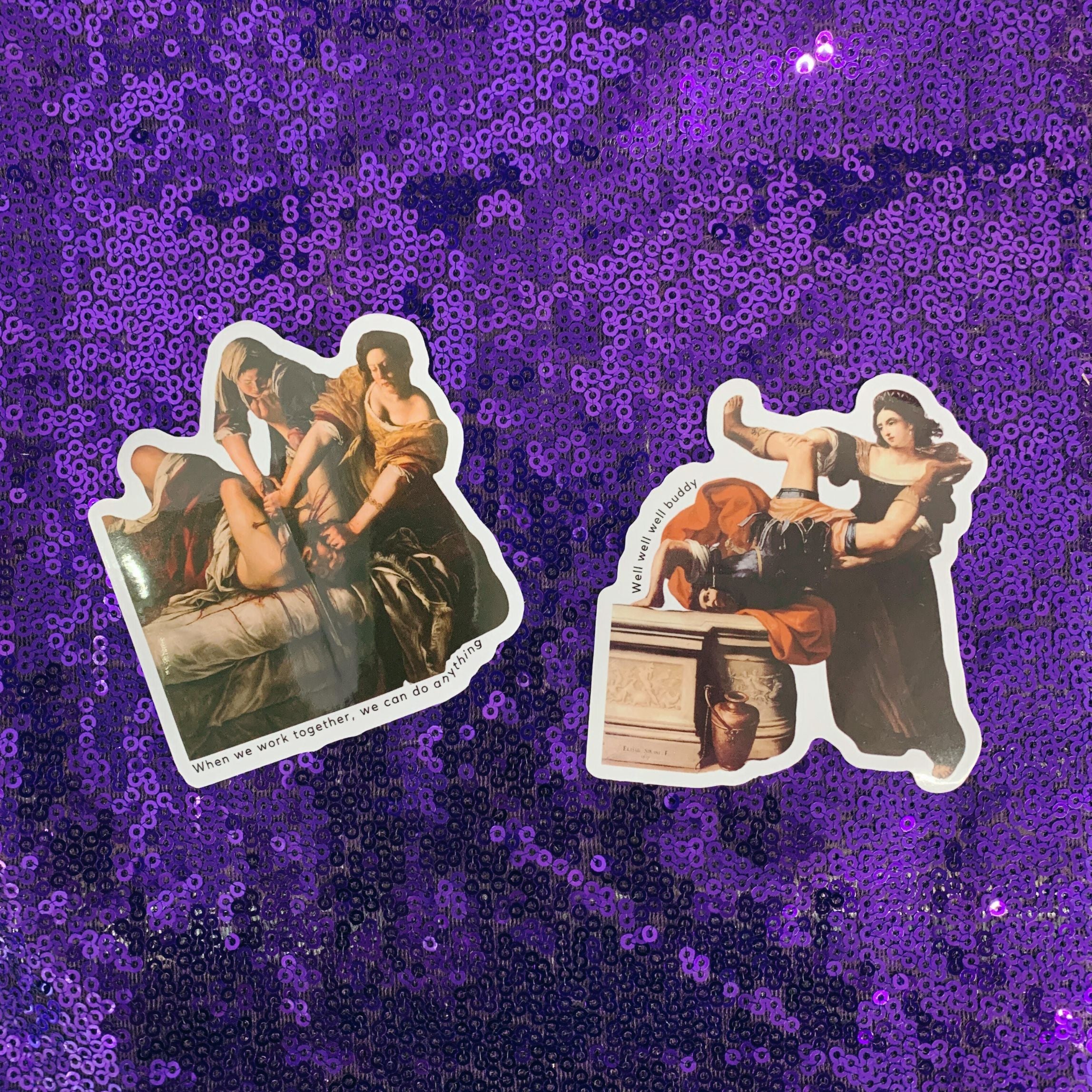 A vibrant sticker depicting Judith beheading Holofernes, inspired by Artemisia Gentileschi's artwork.