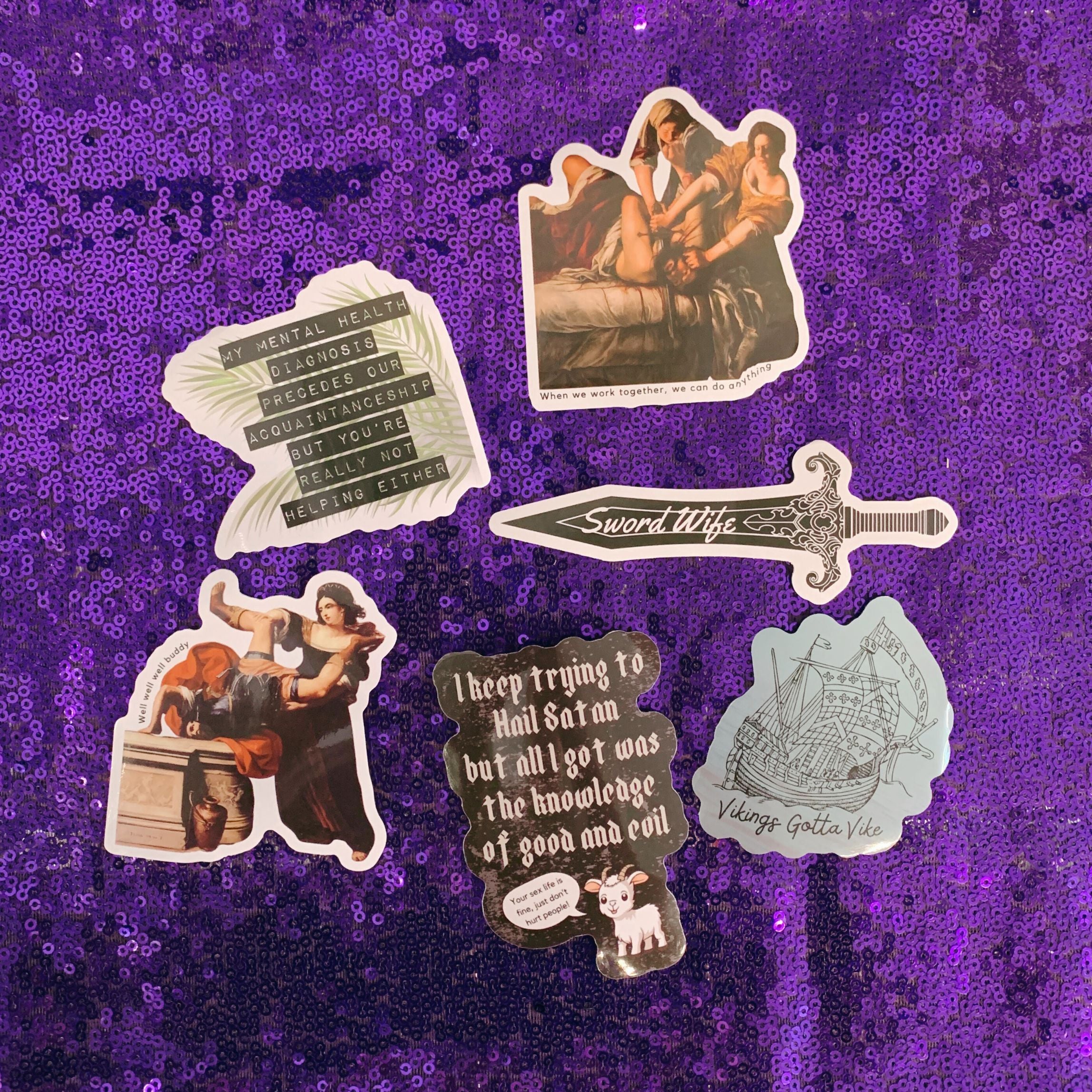 A vibrant sticker depicting Judith beheading Holofernes, inspired by Artemisia Gentileschi's artwork.