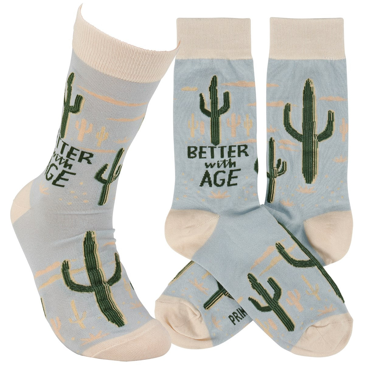 Colorful Better With Age Socks featuring a cactus design and the phrase 'Officially Checked Out' for a fun office vibe.