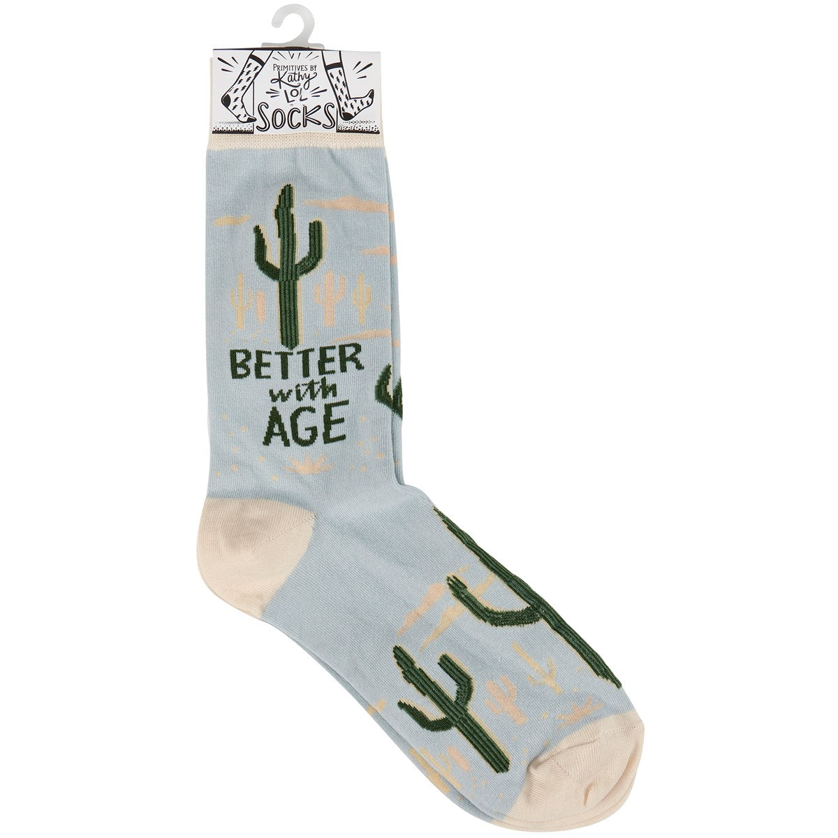 Colorful Better With Age Socks featuring a cactus design and the phrase 'Officially Checked Out' for a fun office vibe.