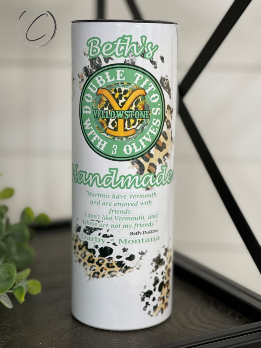 Beth's Handmade Double Tito's 20oz Skinny Tumbler featuring a full wrap design and a reusable straw, ideal for hot and cold beverages.
