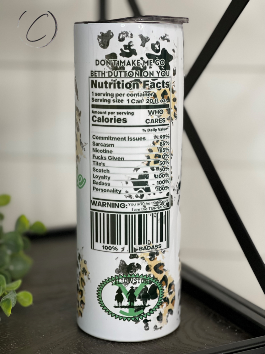 Beth's Handmade Double Tito's 20oz Skinny Tumbler featuring a full wrap design and a reusable straw, ideal for hot and cold beverages.