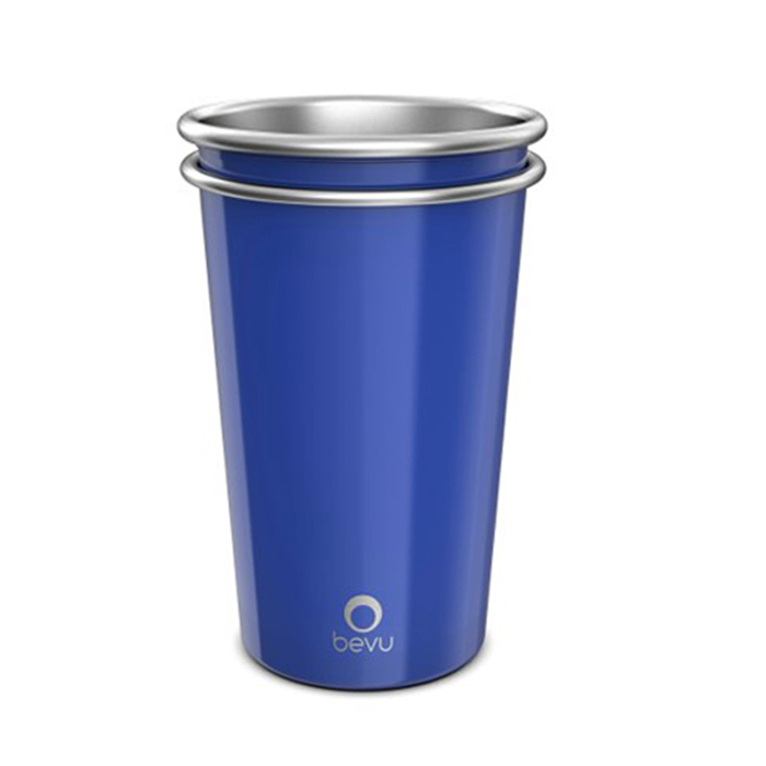 Two cobalt blue Bevu® FIESTA Steel Cups, 16oz capacity, showcasing their lightweight and stackable design, perfect for parties and outdoor use.