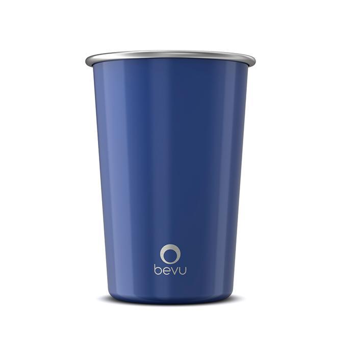 Two cobalt blue Bevu® FIESTA Steel Cups, 16oz capacity, showcasing their lightweight and stackable design, perfect for parties and outdoor use.