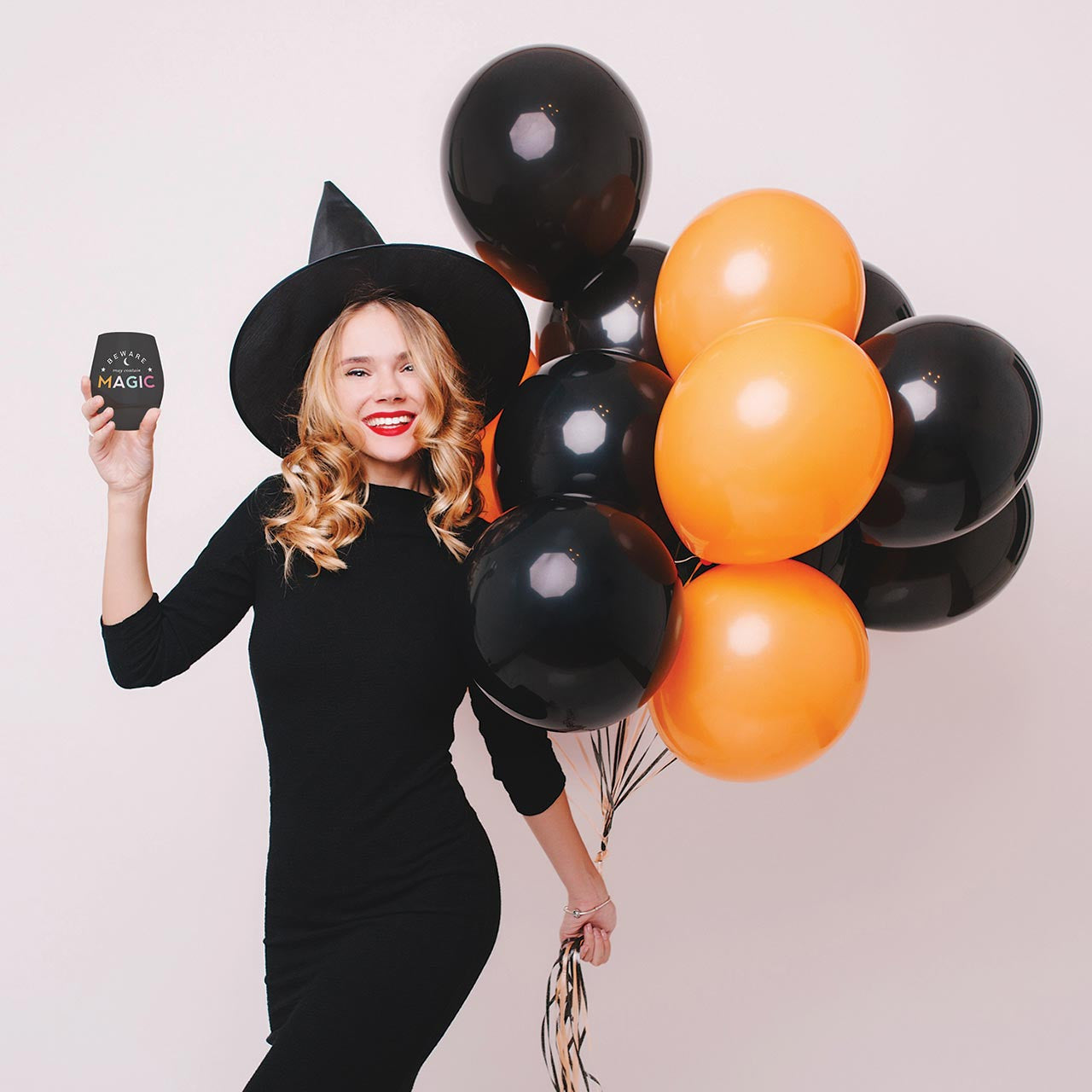 Beware of Magic Stemless Wine Glass in Black, 20 oz capacity, perfect for Halloween parties and spooky celebrations.
