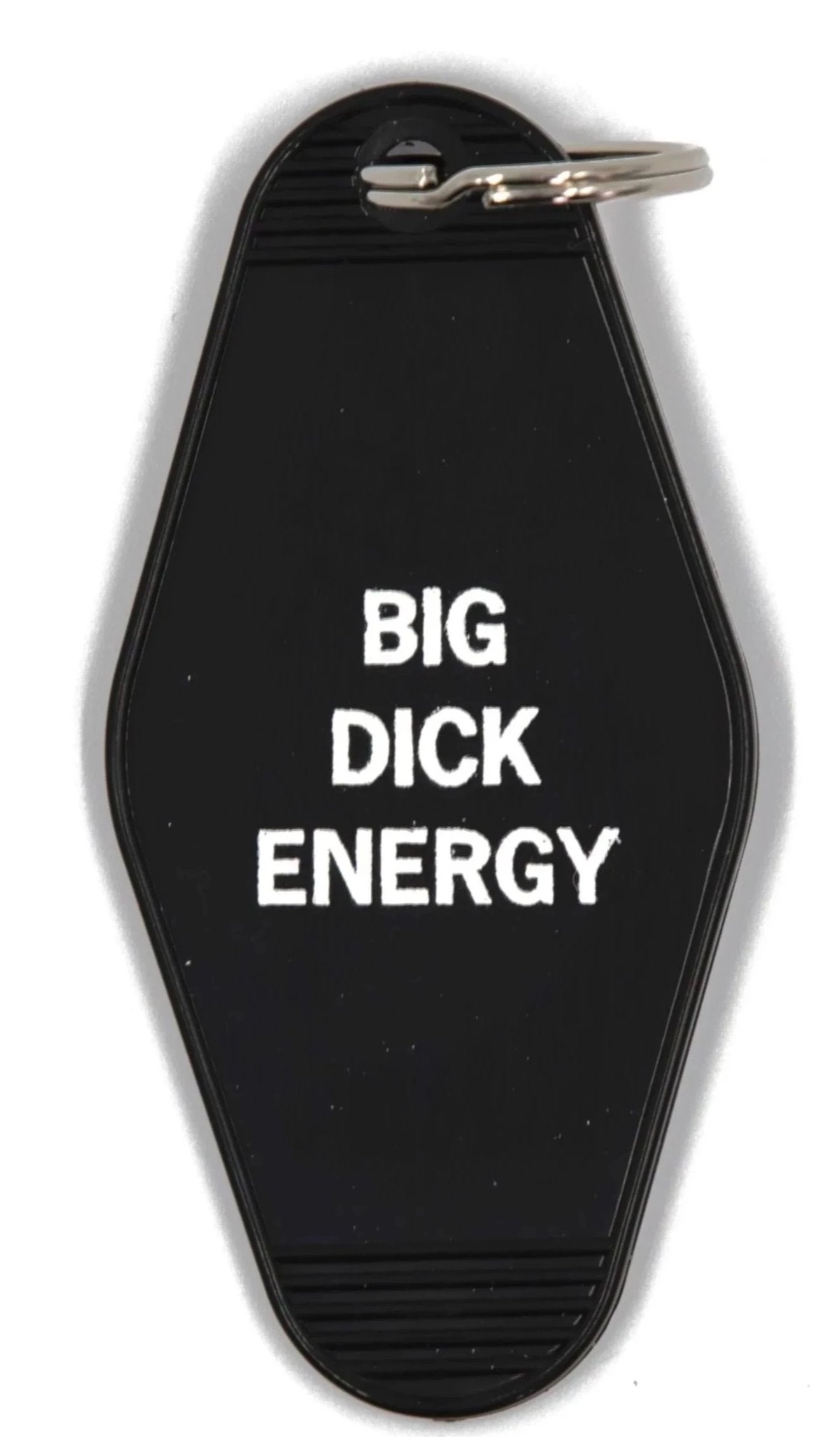 Black motel style keychain with white lettering reading 'BIG DICK ENERGY', featuring a split ring attachment.