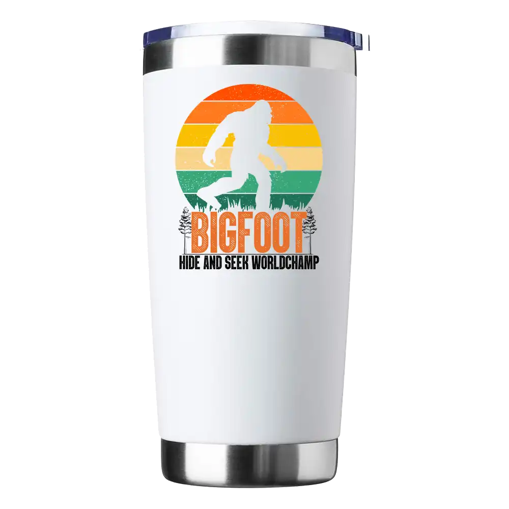 Bigfoot Hide And Seek 20oz Insulated Vacuum Sealed Tumbler with vibrant design and splash-proof lid.