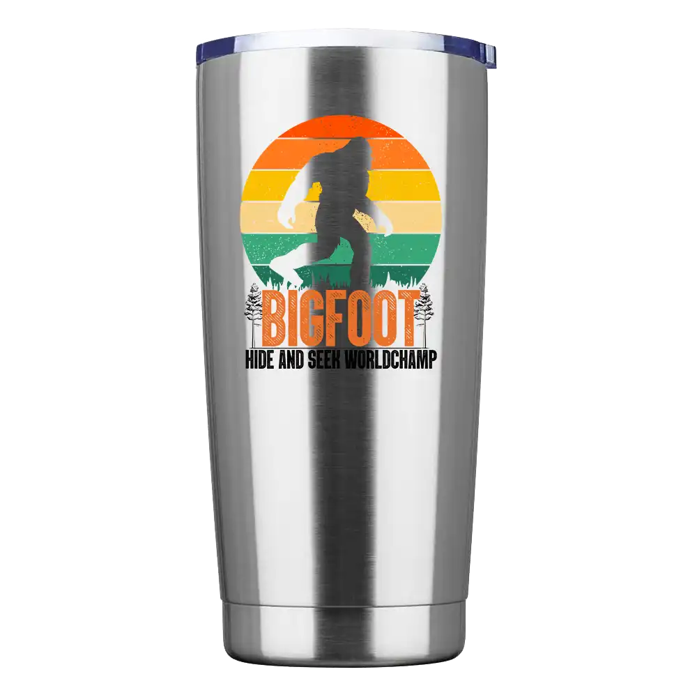 Bigfoot Hide And Seek 20oz Insulated Vacuum Sealed Tumbler with vibrant design and splash-proof lid.