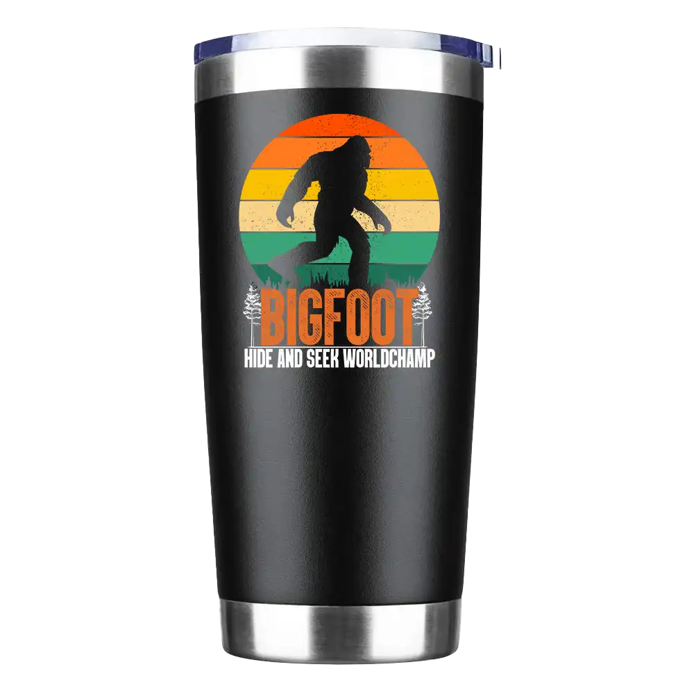Bigfoot Hide And Seek 20oz Insulated Vacuum Sealed Tumbler with vibrant design and splash-proof lid.