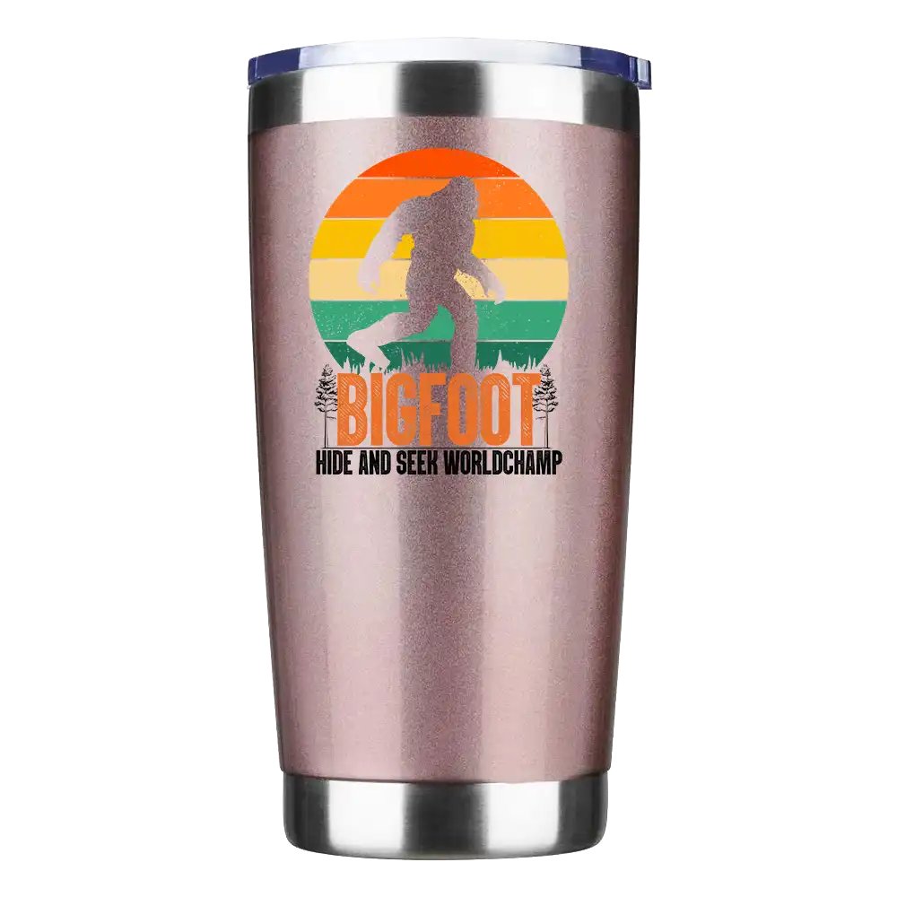 Bigfoot Hide And Seek 20oz Insulated Vacuum Sealed Tumbler with vibrant design and splash-proof lid.