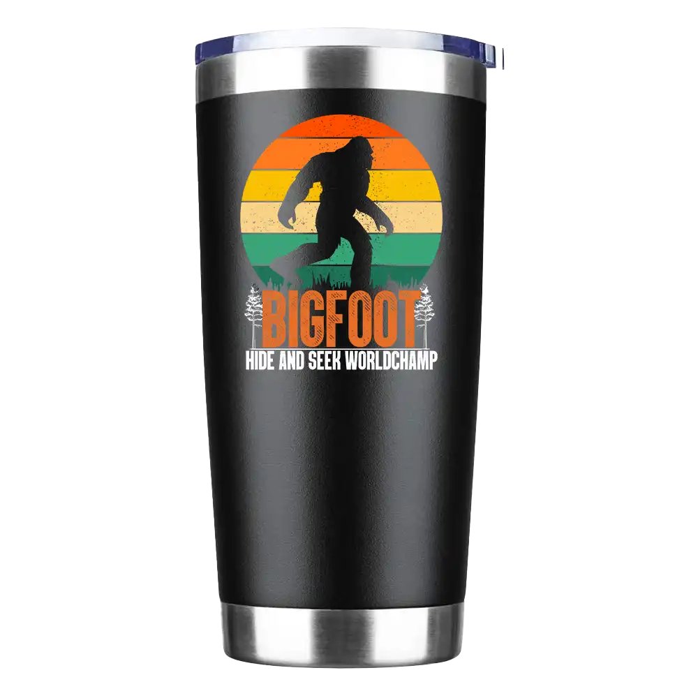 Bigfoot Hide And Seek 20oz Insulated Vacuum Sealed Tumbler with vibrant design and splash-proof lid.