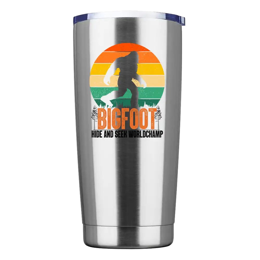 Bigfoot Hide And Seek 20oz Insulated Vacuum Sealed Tumbler with vibrant design and splash-proof lid.