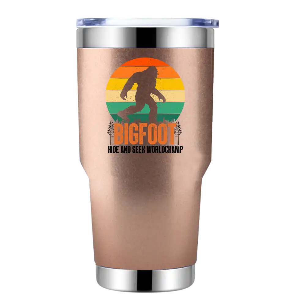 Bigfoot Hide And Seek Worldchamp 30oz Insulated Vacuum Sealed Tumbler with a vibrant design, showcasing its stainless steel construction and splash-proof lid.