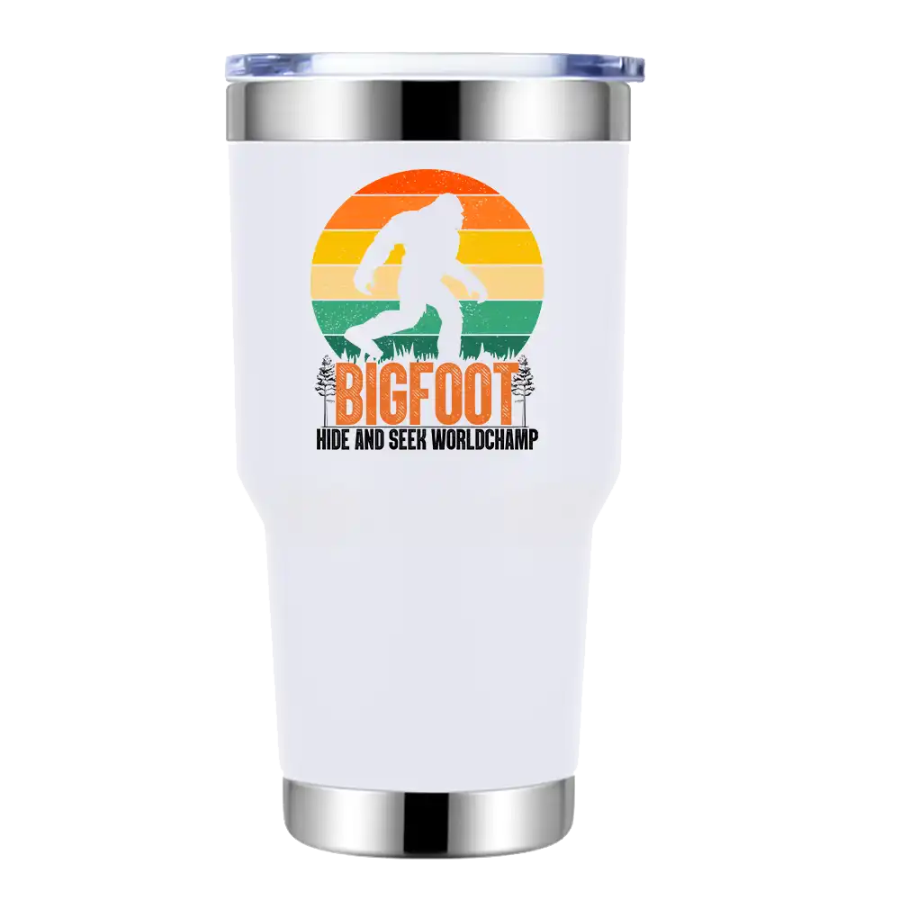 Bigfoot Hide And Seek Worldchamp 30oz Insulated Vacuum Sealed Tumbler with a vibrant design, showcasing its stainless steel construction and splash-proof lid.