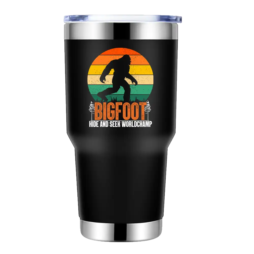Bigfoot Hide And Seek Worldchamp 30oz Insulated Vacuum Sealed Tumbler with a vibrant design, showcasing its stainless steel construction and splash-proof lid.