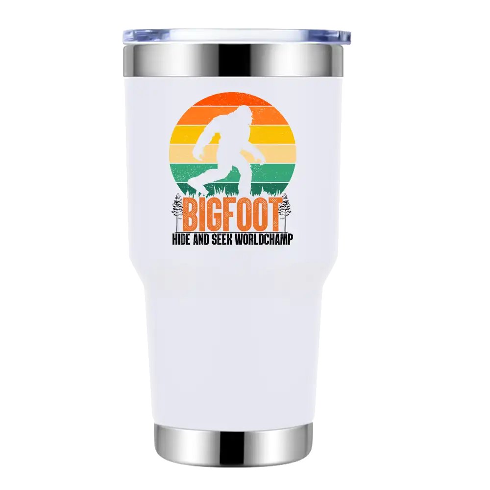 Bigfoot Hide And Seek Worldchamp 30oz Insulated Vacuum Sealed Tumbler with a vibrant design, showcasing its stainless steel construction and splash-proof lid.