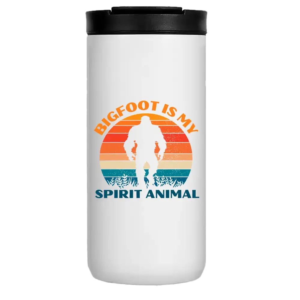 Bigfoot Is My Spirit Animal 14oz insulated coffee tumbler with a vibrant design, perfect for hot and cold beverages.