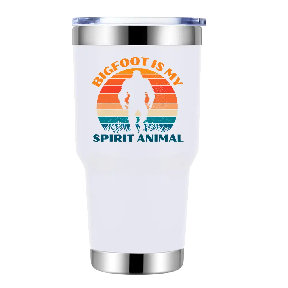 Bigfoot Is My Spirit Animal 30oz insulated tumbler with a vibrant design, showcasing its stainless steel construction and splash-proof lid.