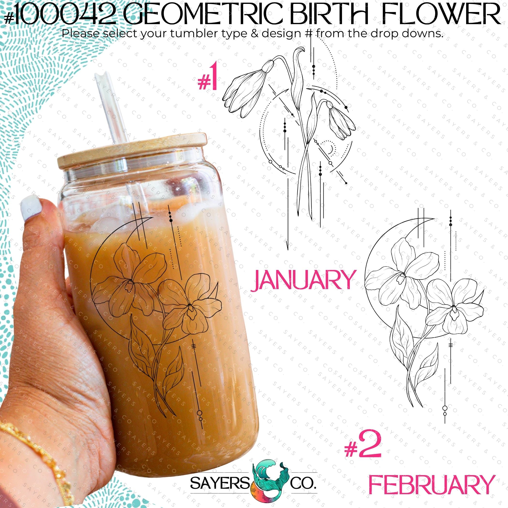 Birth Flower Glass Cup with Bamboo Lid and Straw, featuring a fine line floral design, perfect for personalized gifting.