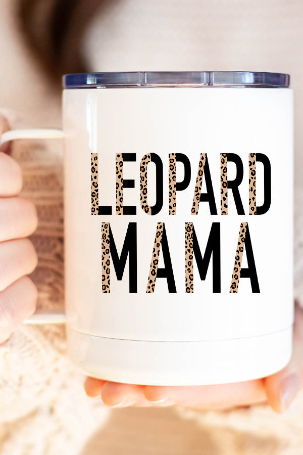 Black Leopard Mama Stainless Steel Coffee Travel Cup with double wall insulation and vibrant design printed on both sides.