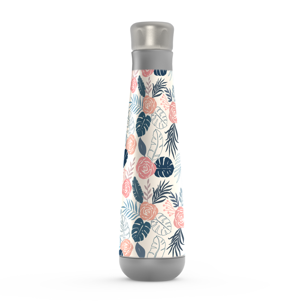 Blue & Blush Tropical Floral Peristyle Water Bottle with stainless steel finish and floral design, perfect for hydration on the go.