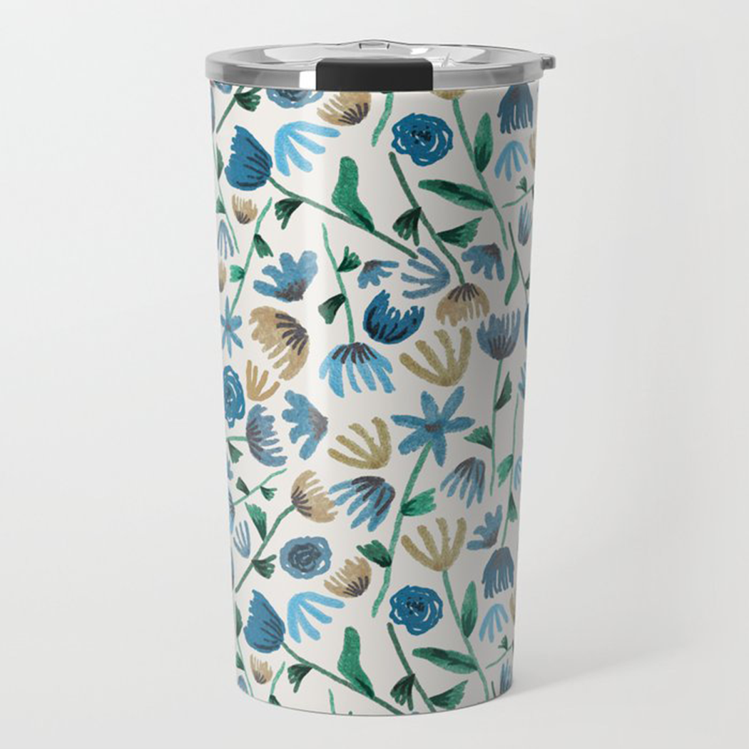 Blue Ink Floral Travel Coffee Mug featuring a vibrant floral design on a stainless steel body, perfect for hot and cold beverages.