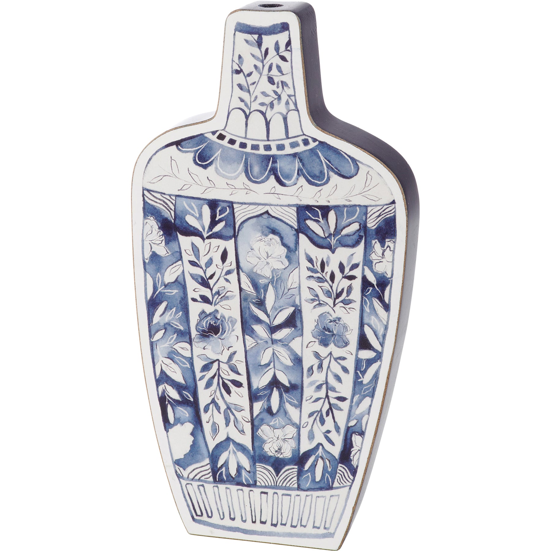Blue Jar 2D vase-shaped wooden decor with hand-painted floral designs, featuring a vibrant blue color and dark blue accents.