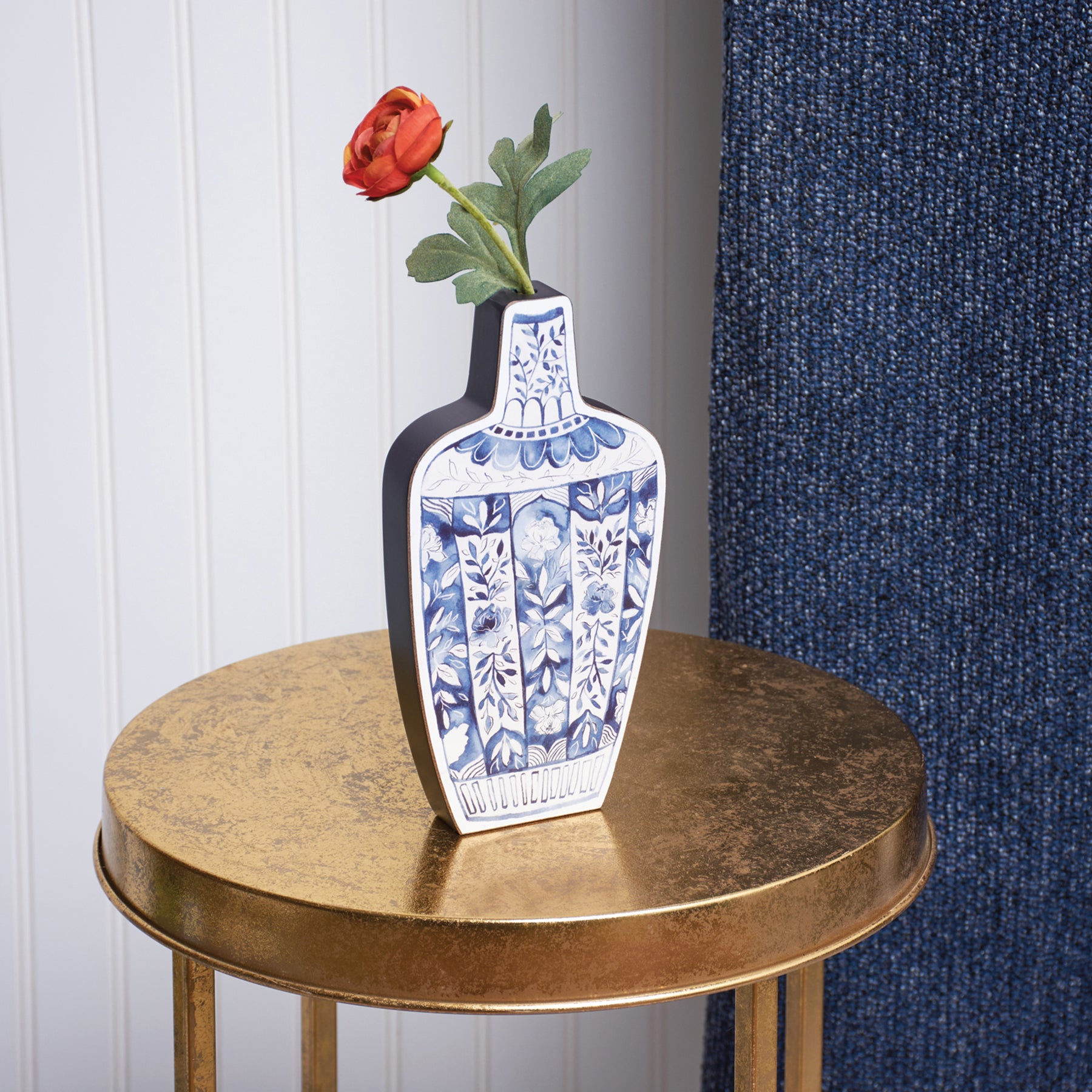 Blue Jar 2D vase-shaped wooden decor with hand-painted floral designs, featuring a vibrant blue color and dark blue accents.