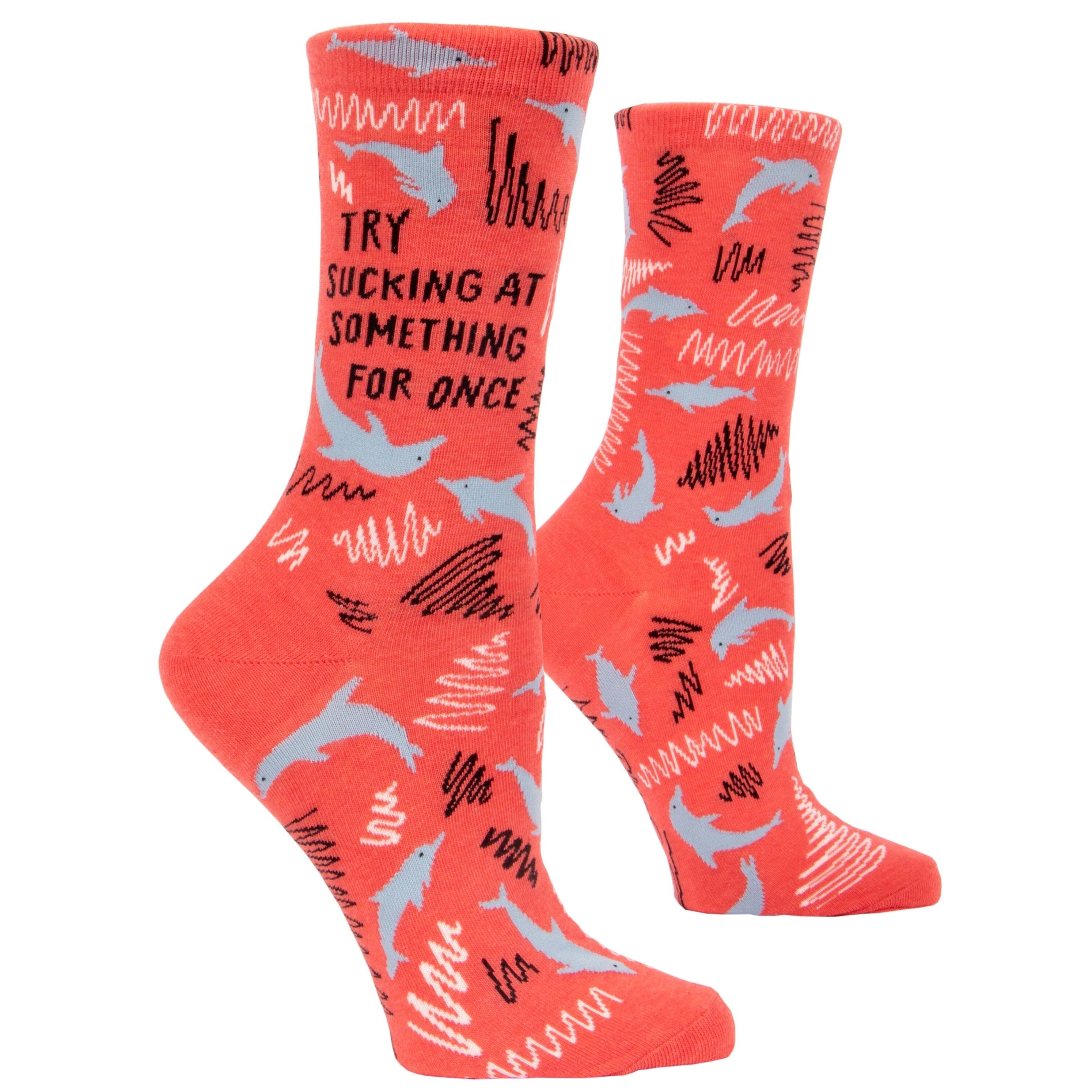 BlueQ Try Sucking At Something For Once Women's Crew Dress Socks featuring a bold red design with humorous text.