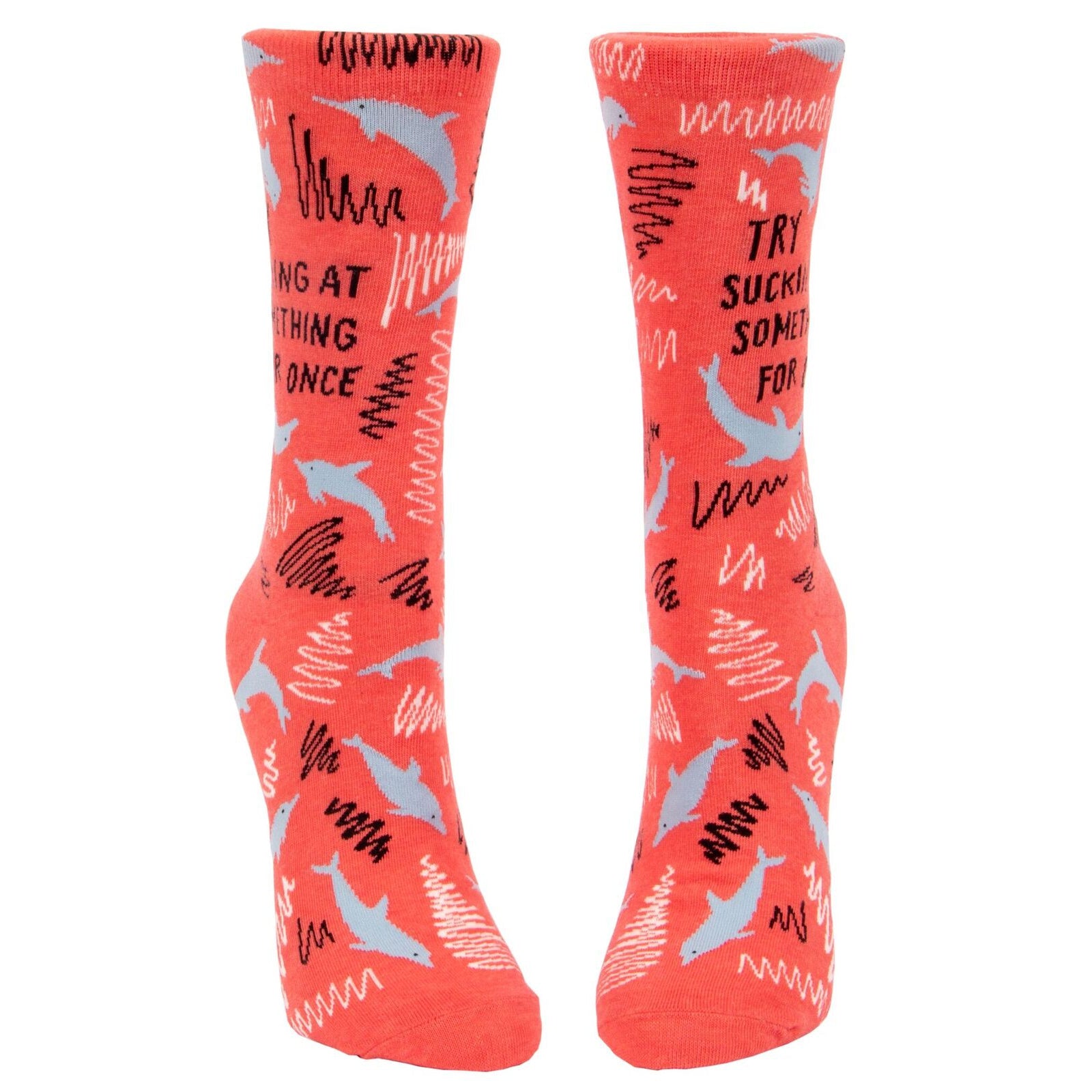 BlueQ Try Sucking At Something For Once Women's Crew Dress Socks featuring a bold red design with humorous text.