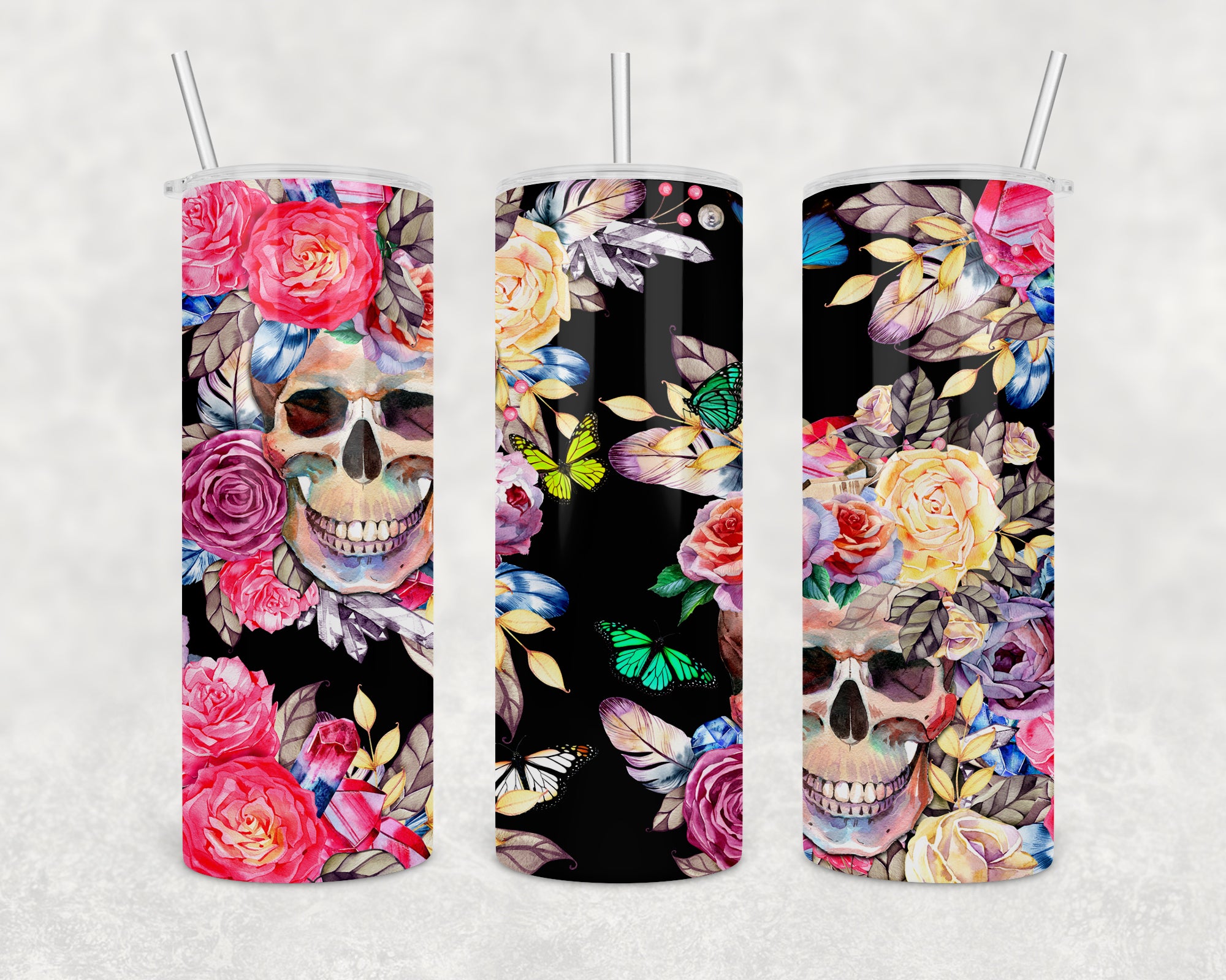 Boho Halloween 20oz Skinny Tumbler with a colorful design, stainless steel body, clear lid, and stainless steel straw.