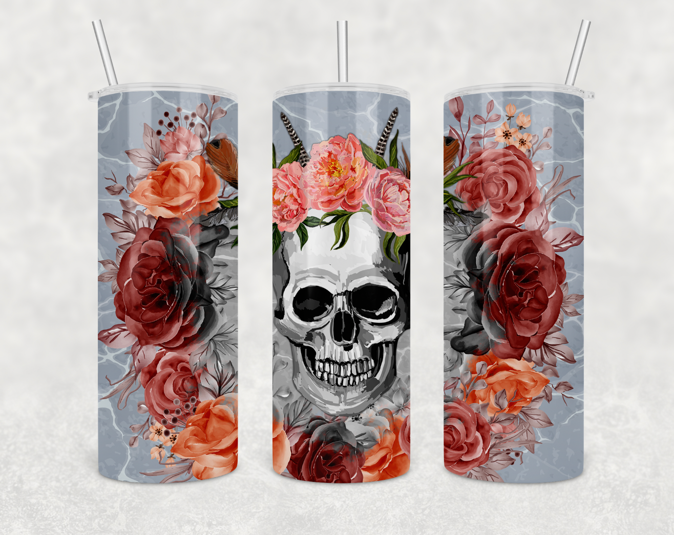 Boho Skulls and Roses 20oz Skinny Tumbler with stainless steel straw and clear lid, featuring a unique design of skulls and roses.