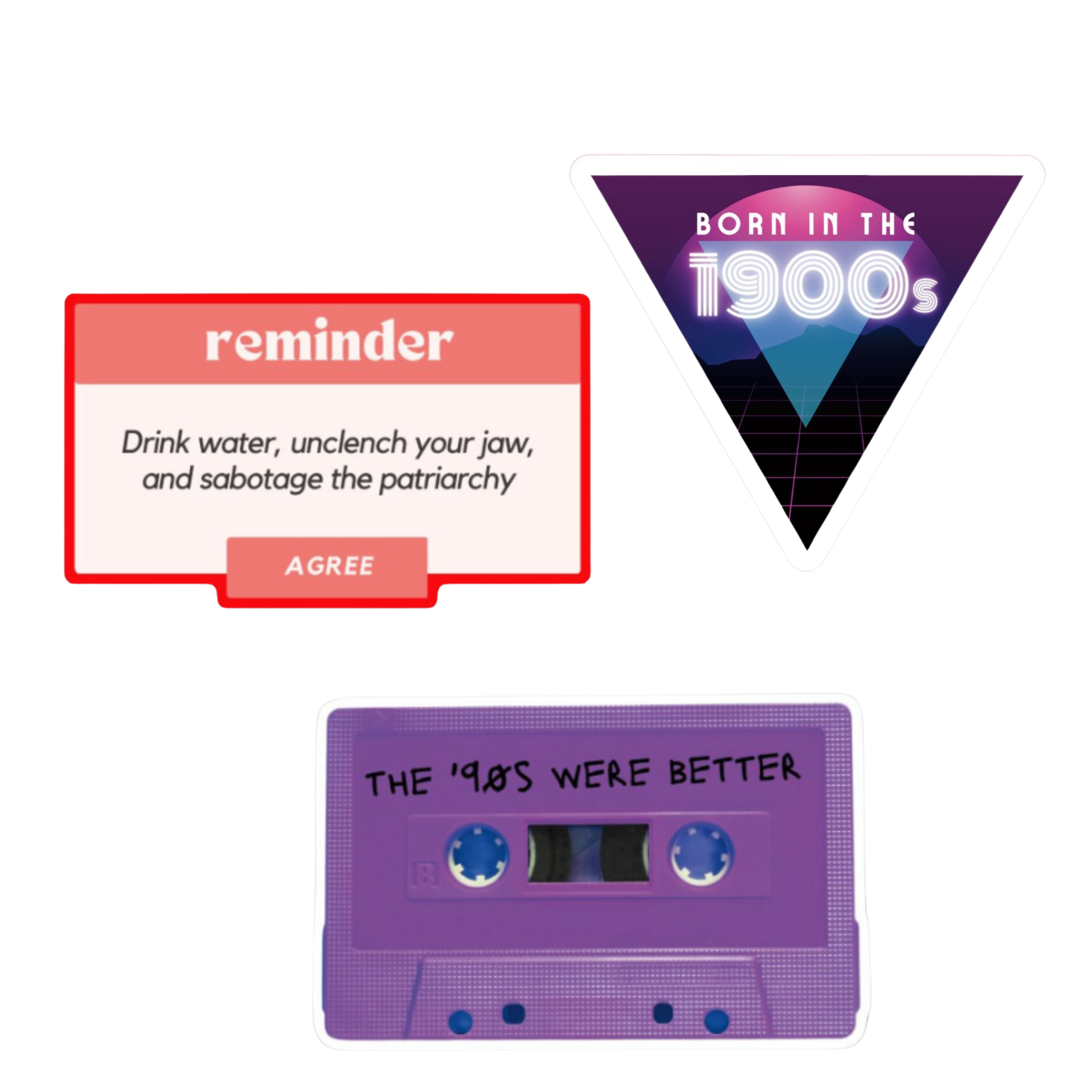A pack of three vinyl stickers featuring the phrase 'Born in the 1900s' designed for Gen X and Millennials, ideal for personalizing water bottles and phones.
