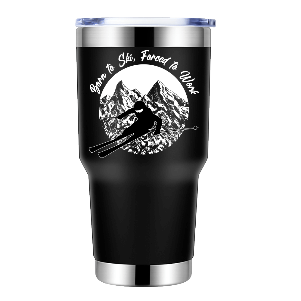 Born To Ski Forced To Work 30oz Insulated Vacuum Sealed Tumbler with vibrant UV-printed design, showcasing its stainless steel construction and splash-proof lid.