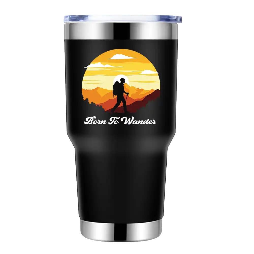 Born To Wander 30oz insulated tumbler with a stylish UV-printed design, showcasing its stainless steel construction and splash-proof lid.