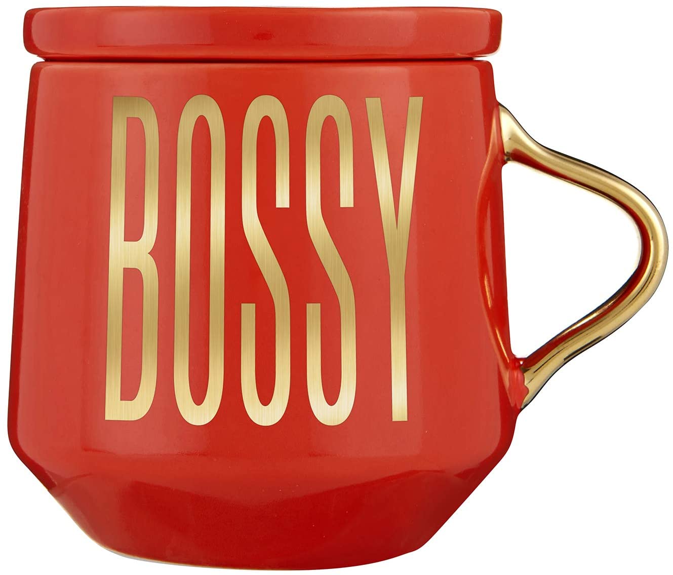 A stylish red and gold ceramic mug with 'BOSSY' printed on it, accompanied by a matching coaster lid.