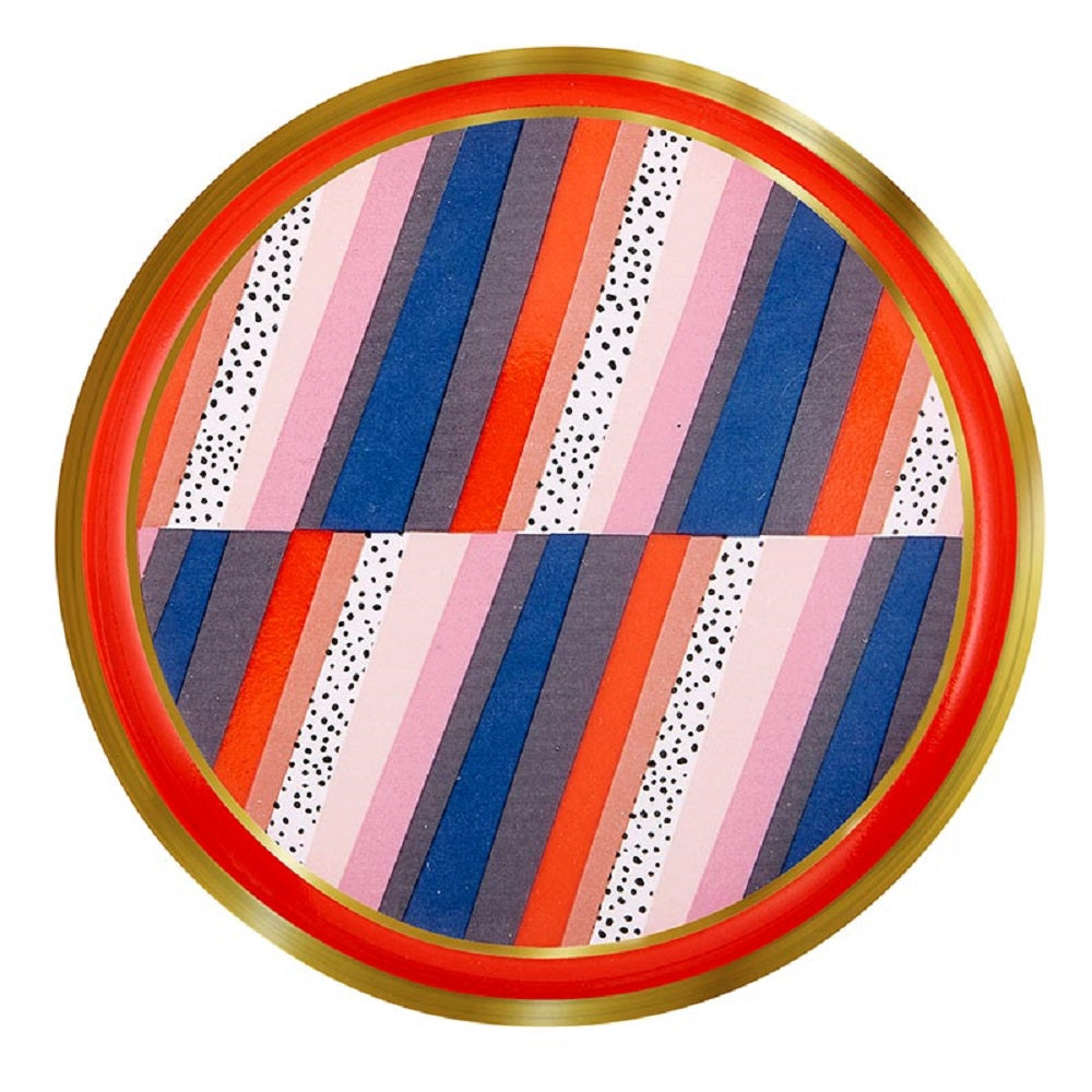 A stylish red and gold ceramic mug with 'BOSSY' printed on it, accompanied by a matching coaster lid.