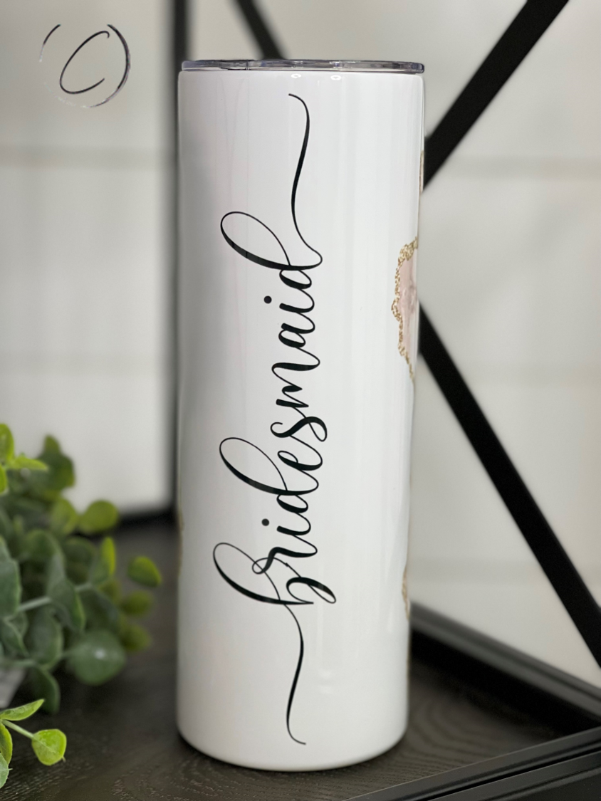 Bridesmaid Blush Geode 20oz Skinny Tumbler with a beautiful geode design, featuring a reusable straw.