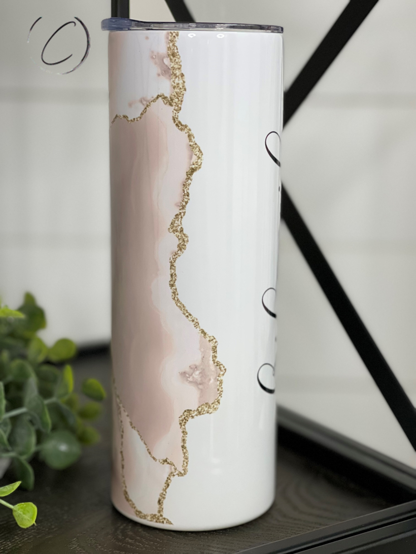 Bridesmaid Blush Geode 20oz Skinny Tumbler with a beautiful geode design, featuring a reusable straw.