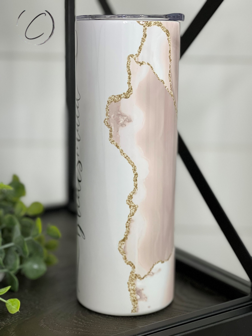 Bridesmaid Blush Geode 20oz Skinny Tumbler with a beautiful geode design, featuring a reusable straw.