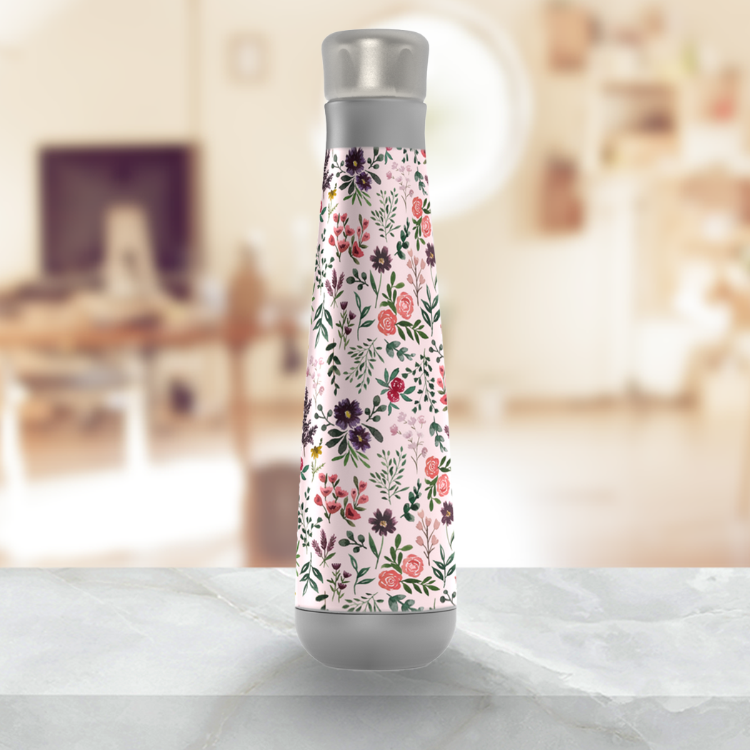 Bright Watercolor Flower - Pink Peristyle Water Bottle showcasing a vibrant floral design on a stainless steel body.
