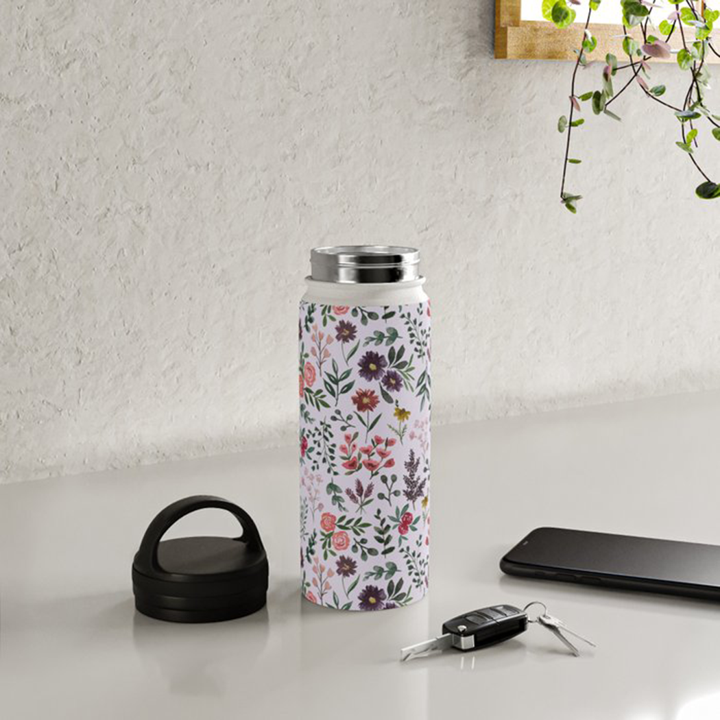 Bright Watercolor Flower - Purple Handle Lid Water Bottle with floral design and stainless steel finish.