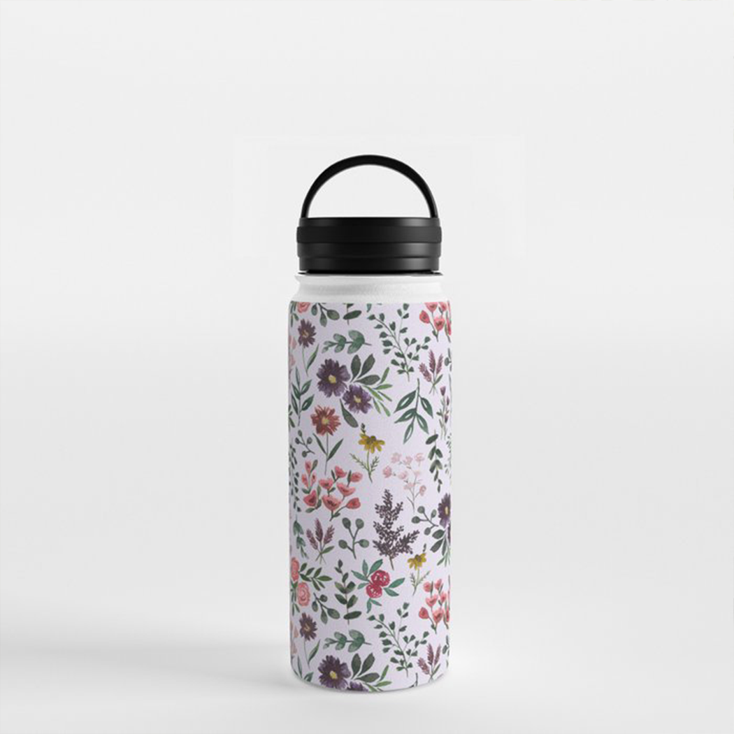 Bright Watercolor Flower - Purple Handle Lid Water Bottle with floral design and stainless steel finish.