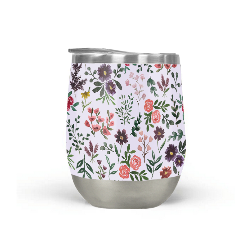 Bright Watercolor Flower Stemless Wine Tumbler in purple with floral design, perfect for outdoor use.