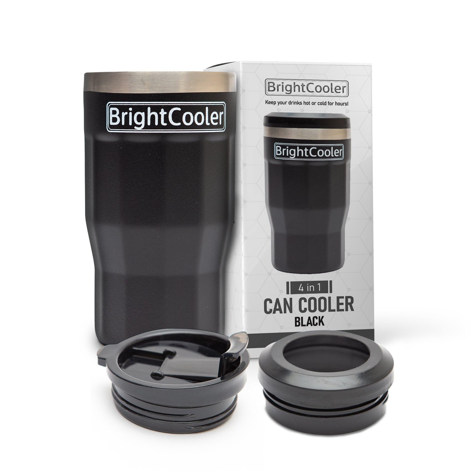 BrightCooler 4-in-1 stainless steel tumbler with two interchangeable lids, showcasing its versatility for various beverages.