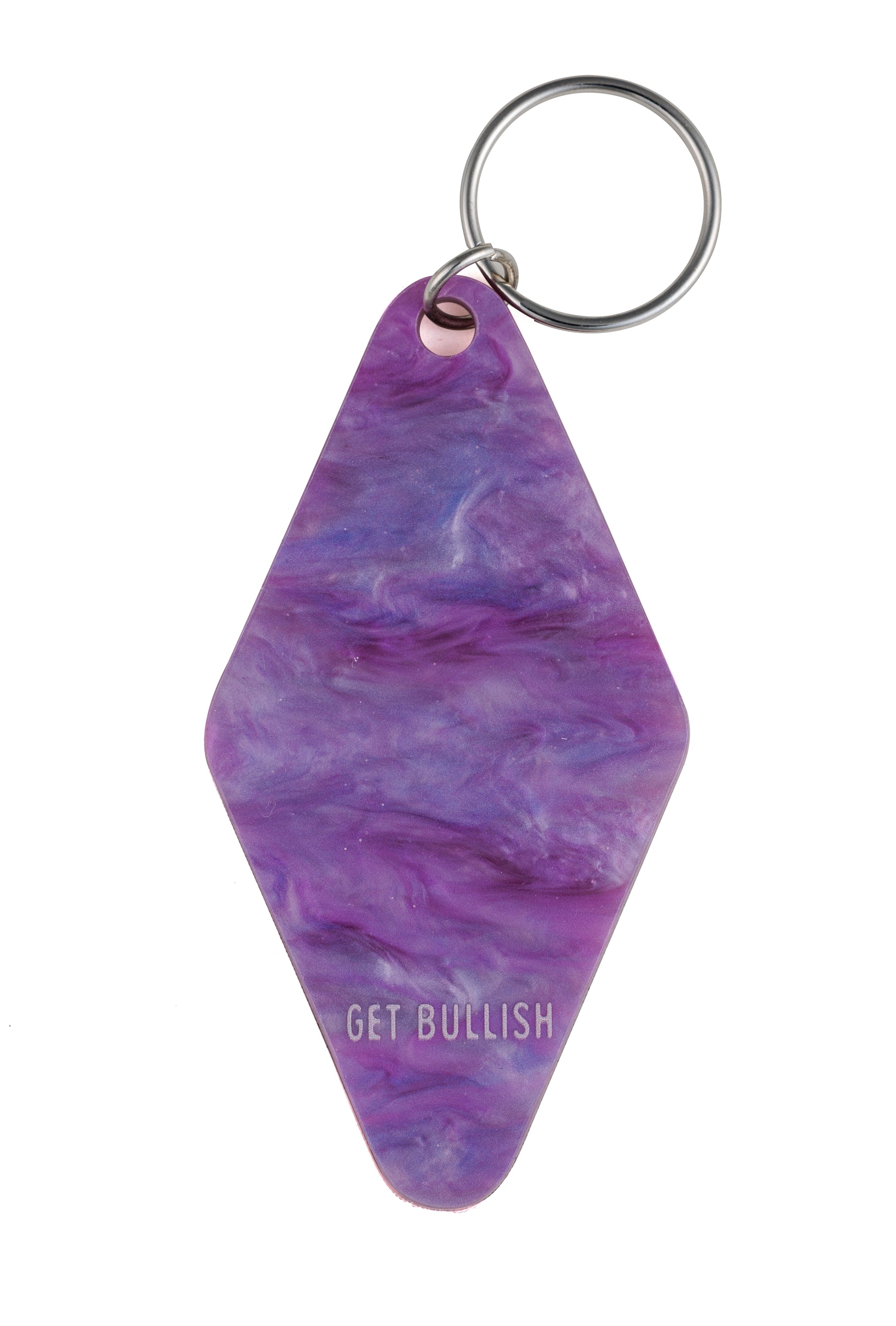 Purple marble keychain with silver text reading 'Brilliant Woman Who Can Do Anything', featuring a split ring and star designs.