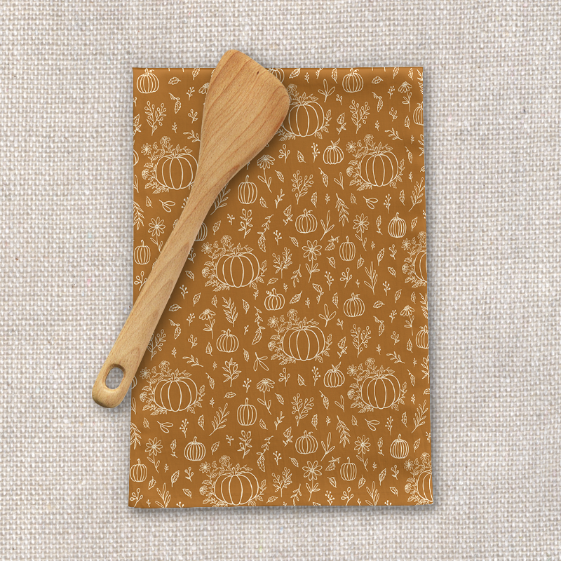 Bronze Floral Ink Pumpkin Tea Towel featuring a charming floral design on cotton twill fabric, perfect for kitchen use.