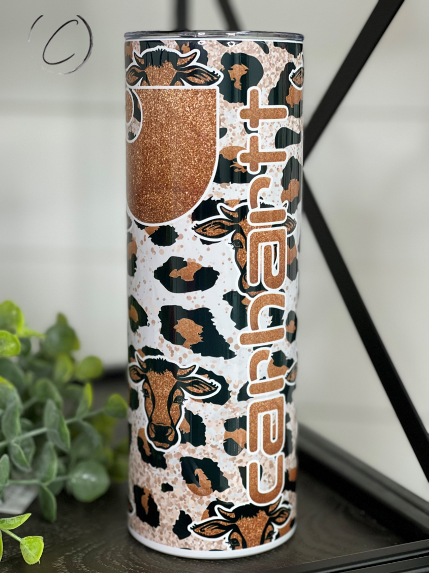 Bronze Leopard Carhartt 20oz Skinny Tumbler with a stylish leopard print design, featuring a reusable straw.