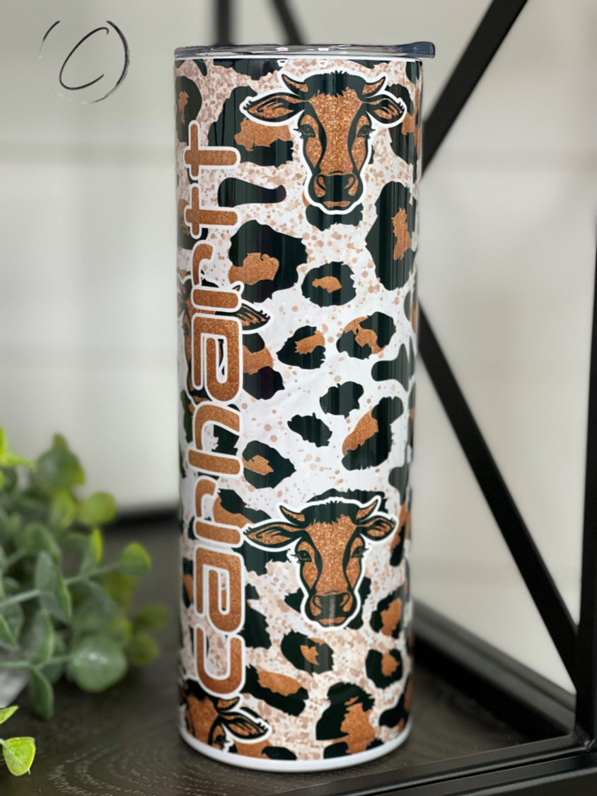 Bronze Leopard Carhartt 20oz Skinny Tumbler with a stylish leopard print design, featuring a reusable straw.